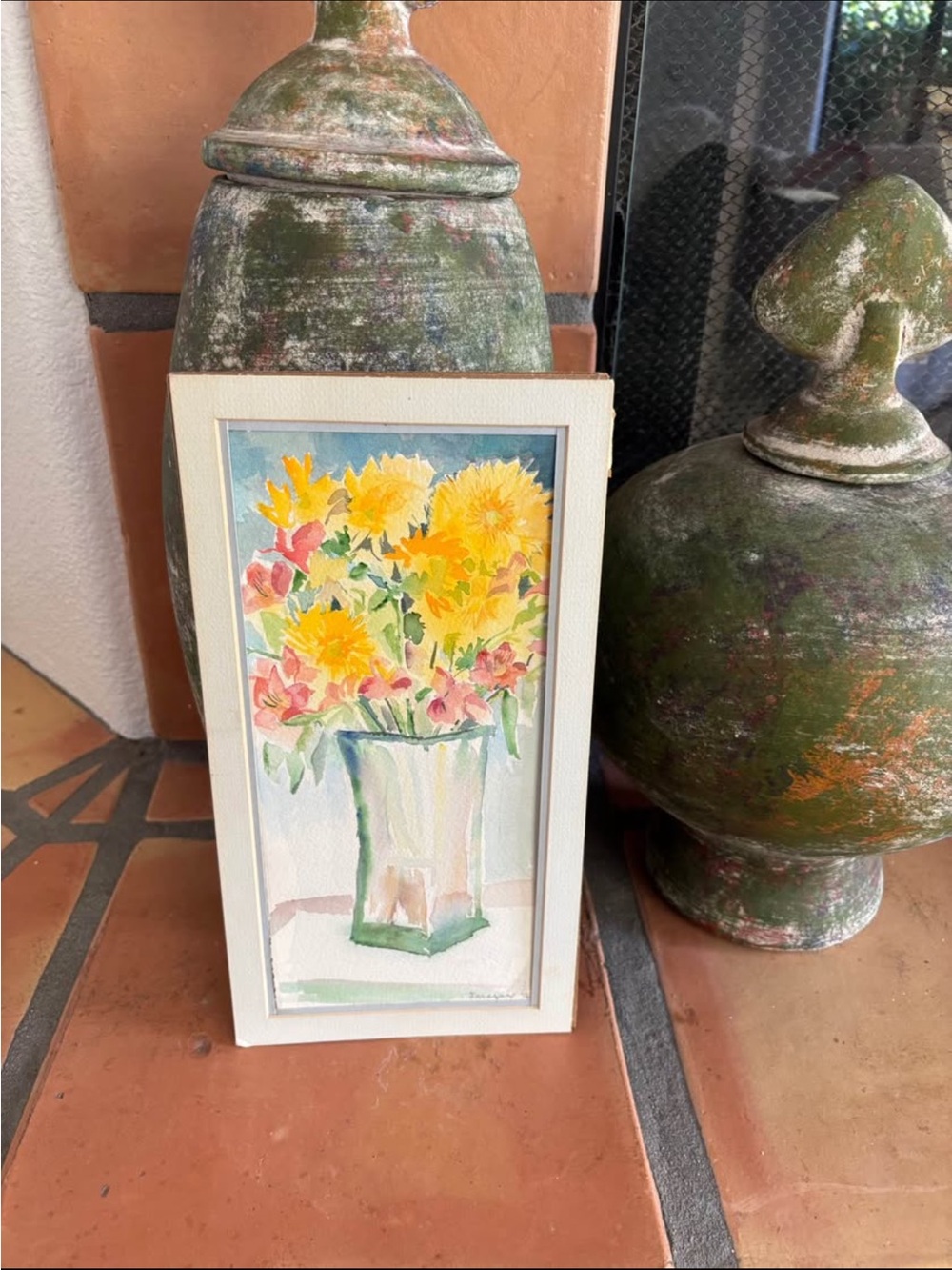 Original vintage signed watercolor of flowers in a vase: 96
